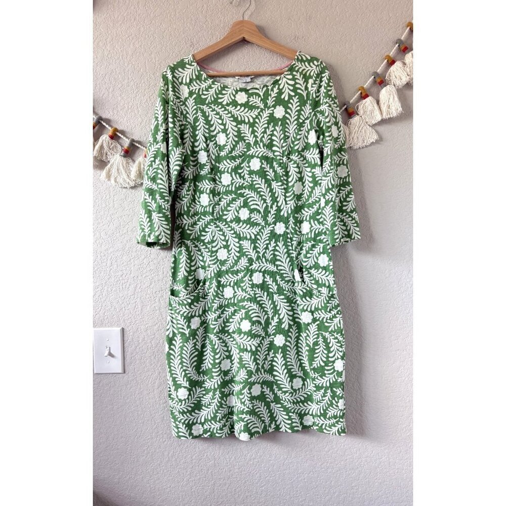 Boden Cotton Green Floral Half Sleeve Aline Midi Dress Modest Coastal Tropical 6